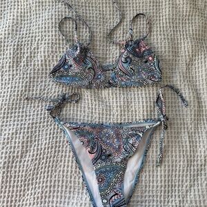 Tie-Side Paisley Print Bikini Set - Pink & Blue